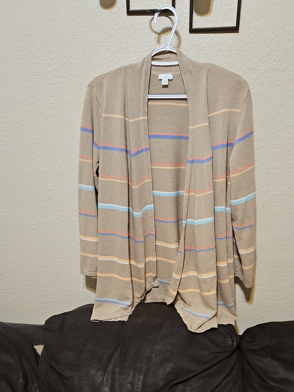 J. Jill Tan Open Cardigan with Pastel Stripe Accent